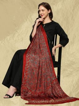 Dupatta Bazaar - Women's Maroon Modal Silk handblock Printed Ajrakh Dupatta with Gold Border