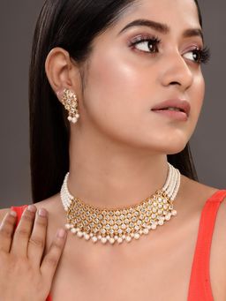 Saraf RS Jewellery - Gold Plated Uncut AD Studded with Pearl Drops and Strings Choker (Set of 2)