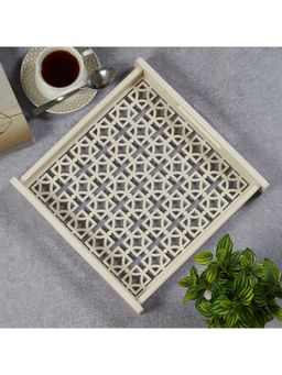 HomeTown - Laser Engineered Wood Cut Tray With Glass Medium Square in Multi-Color