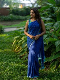I LOVE SAREES - Lazuli Spells Navy Blue Border Saree without Blouse