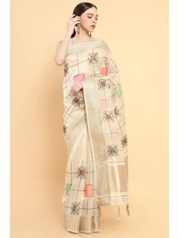 Soch - Women Beige Organza Embroidered Saree with Stitched Blouse