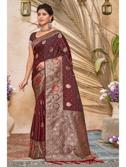Sangam Prints - Maroon Silk Woven Zari Work Traditional Tassel Saree with Unstitched Blouse