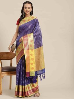 Silk Land - Heavy Zari Kanjeewaram Silk Saree with Unsticthed Blouse Piece Navy Blue with Unstitched