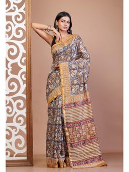 Unnati Silks - Blue Pure Bagru Printed Chanderi Sico Saree with Unstitched Blouse