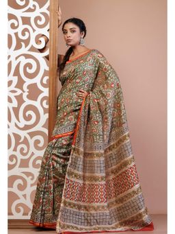 Unnati Silks - Green Pure Bagru Printed Chanderi Sico Saree with Unstitched Blouse