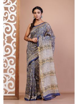 Unnati Silks - Blue Pure Bagru Printed Chanderi Sico Saree with Unstitched Blouse