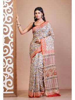 Unnati Silks - Cream Pure Bagru Printed Chanderi Sico Saree with Unstitched Blouse