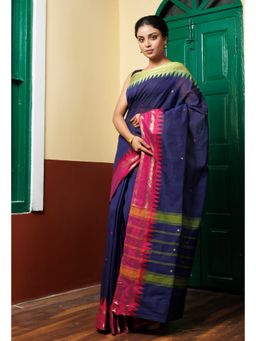 Unnati Silks - Navy Blue Pure Pavani Handcrafted Rasipuram Cotton Saree with Unstitched Blouse
