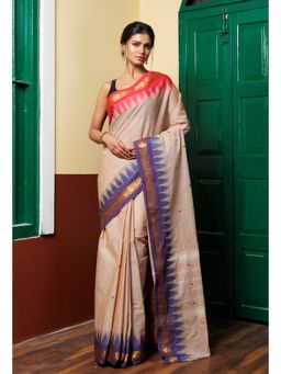 Unnati Silks - Beige Pure Pavani Handcrafted Rasipuram Cotton Saree with Unstitched Blouse