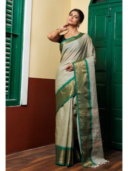 Unnati Silks - Beige Pure Pavani Handcrafted Kanchi Cotton Saree with Unstitched Blouse