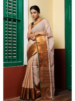Unnati Silks - Cream Pure Pavani Handcrafted Kanchi Cotton Saree with Unstitched Blouse