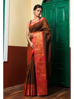 Unnati Silks - Brown Pure Pavani Handcrafted Kanchi Cotton Saree with Unstitched Blouse