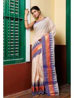 Unnati Silks - Beige Pure Pavani Handcrafted Kanchi Cotton Saree with Unstitched Blouse