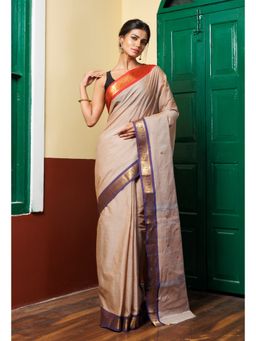 Unnati Silks - Beige Pure Pavani Handcrafted Kanchi Cotton Saree with Unstitched Blouse