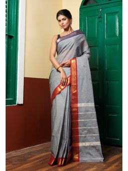 Unnati Silks - Grey Pure Pavani Handcrafted Kanchi Cotton Saree with Unstitched Blouse