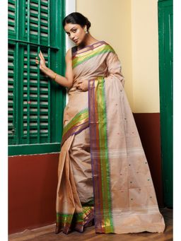Unnati Silks - Cream Pure Pavani Handcrafted Kanchi Cotton Saree with Unstitched Blouse