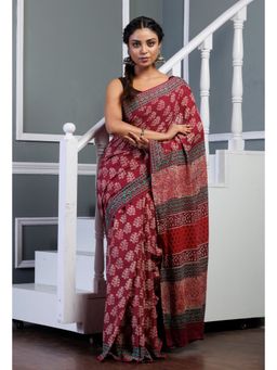Unnati Silks - Pink Pure Ajrakh Printed Superfine Mulmul Cotton Saree with Unstitched Blouse