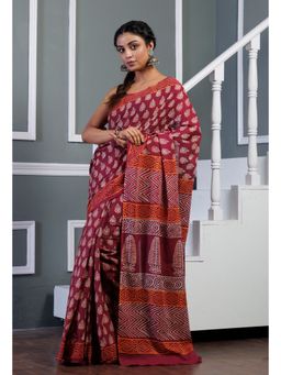 Unnati Silks - Pink Pure Ajrakh Printed Superfine Mulmul Cotton Saree with Unstitched Blouse