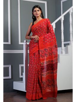 Unnati Silks - Red Pure Ajrakh Printed Superfine Mulmul Cotton Saree with Unstitched Blouse