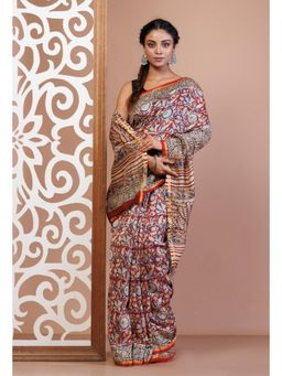 Unnati Silks - Multi-Color Pure Bagru Printed Chanderi Sico Saree with Unstitched Blouse