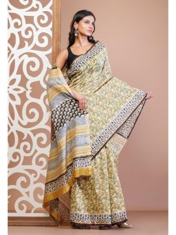Unnati Silks - Yellow Pure Bagru Kalamkari Printed Sico Saree with Unstitched Blouse