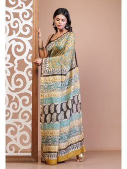 Unnati Silks - Yellow Pure Bagru Kalamkari Printed Sico Saree with Unstitched Blouse