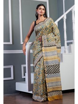 Unnati Silks - Yellow Pure Bagru Kalamkari Printed Sico Saree with Unstitched Blouse