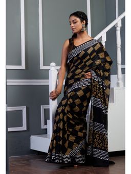 Unnati Silks - Black Pure Hand Block Printed Soft Cotton Saree with Unstitched Blouse