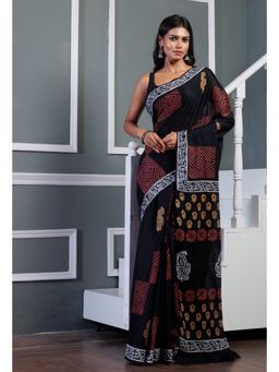 Unnati Silks - Black Pure Hand Block Printed Soft Cotton Saree with Unstitched Blouse