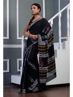 Unnati Silks - Black Pure Hand Block Printed Soft Cotton Saree with Unstitched Blouse