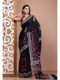 Unnati Silks - Black Pure Hand Block Printed Soft Cotton Saree with Unstitched Blouse