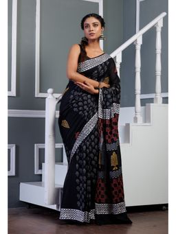 Unnati Silks - Black Pure Hand Block Printed Soft Cotton Saree with Unstitched Blouse