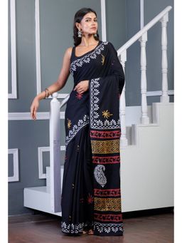 Unnati Silks - Black Pure Hand Block Printed Soft Cotton Saree with Unstitched Blouse