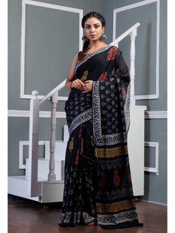 Unnati Silks - Black Pure Hand Block Printed Soft Cotton Saree with Unstitched Blouse