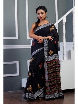 Unnati Silks - Black Pure Hand Block Printed Soft Cotton Saree with Unstitched Blouse