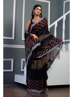 Unnati Silks - Black Pure Hand Block Printed Soft Cotton Saree with Unstitched Blouse