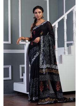 Unnati Silks - Black Pure Hand Block Printed Soft Cotton Saree with Unstitched Blouse