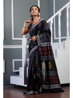 Unnati Silks - Black Pure Hand Block Printed Soft Cotton Saree with Unstitched Blouse