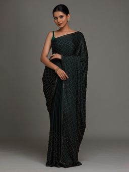 Koskii - Bottle Green Swarovski Shimmer Saree with Unstitched Blouse