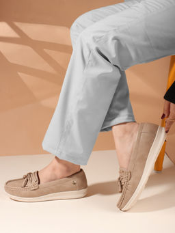 ELLE - Beige Printed Slip-On Women Tassel Loafers