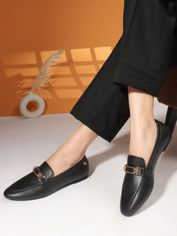 ELLE - Black Solid Slip-On Women Horsebit Loafers