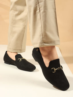 ELLE - Black Solid Slip-On Women Horsebit Loafers