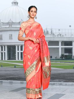 Beatitude - Red Shade Silk Jacquard Work Saree with Unstitched Blouse