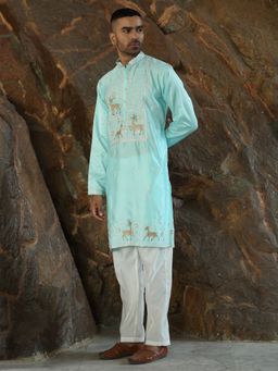 KRAFT INDIA LUXE - Cotton Silk Embroidered Turquoise Kurta with Pant