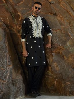 KRAFT INDIA LUXE - Cotton Silk Embroidered Yoke Design Black Kurta with Pant