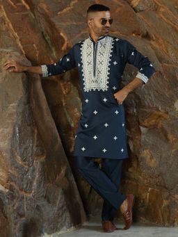 KRAFT INDIA LUXE - Cotton Silk Embroidered Yoke Design Teal Kurta with Pant