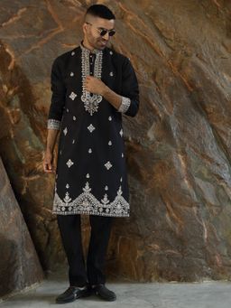 KRAFT INDIA LUXE - Cotton Silk Embroidered Yoke Design Black Kurta with Pant