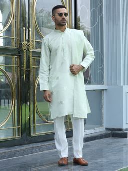 KRAFT INDIA LUXE - Cotton Silk Yoke Design Embroidered Green Kurta with Pant and Dupatta