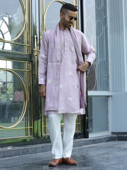 KRAFT INDIA LUXE - Cotton Silk Yoke Design Embroidered Mauve Kurta with Pant and Dupatta