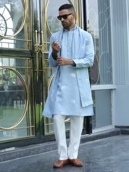 KRAFT INDIA LUXE - Cotton Silk Yoke Design Embroidered Turquoise Kurta with Pant and Dupatta